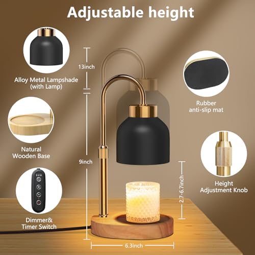 WUEAOA Candle Warmer Lamp with Timer and Dimmer, Height and Brightness Adjustable, Black Electric Wax Warmer for Women Mo...