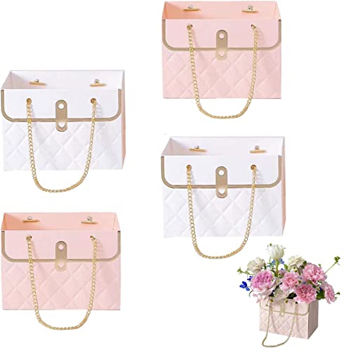 NADUSEP 4 PCS Flower Paper Gift Box, Bouquet Storage Bucket Florist Handbag with Metal Chain, Gift Craft Wrap Bag for Wedd...
