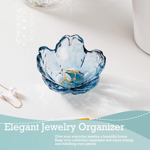 Binoster Blue Flower Glass Ring Dish Jewelry Tray Ring Holder Dish Cute Room Decor Vanity Organizer for Nightstand or Bath...