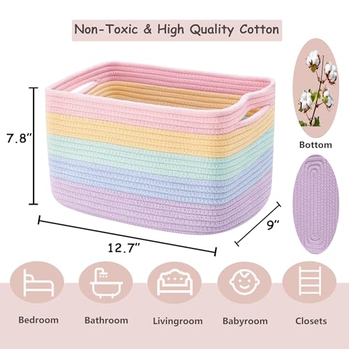 ENAORGAN Set of 4 Rainbow Rope Basket for Shelves Woven Rectangle Storage Basket Bins for Nursery Toy Storage for Baby Girl