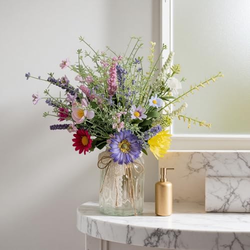 LUEUR Artificial Daisy Flowers Fake Silk Spring Colorful Flowers Fake Wildflowers Greenery Shrubs Plastic Plants Arrangeme...