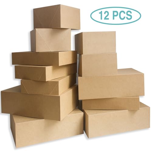 12 Rustic Kraft Gift Wrap Boxes with Lids for wrapping Large Clothes (Assorted sizes for wrapping Robes,Blankets, Coat, an...