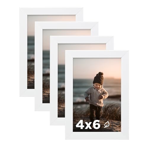 KINLINK 4x6 Picture Frame White Set of 4, Wooden Photo Frames with Plexiglass for 4x6 without Mat for Table and Wall Display