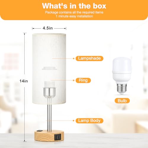 Fenmzee Bedside Table Lamp for Bedroom - 3 Way Dimmable Touch Lamp USB C Charging Ports and AC Outlet, Small Lamp Wood Bas...