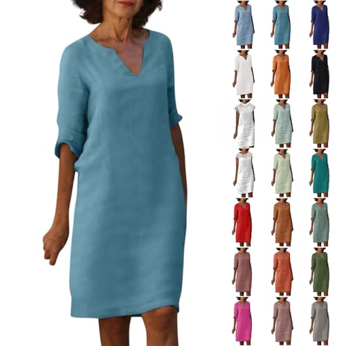 BAXLIMEK Cotton Linen Dresses for Women,2025 Spring Summer Casual V Neck 3/4 Sleeve Midi Dress,Elegant Plain Beach Dress