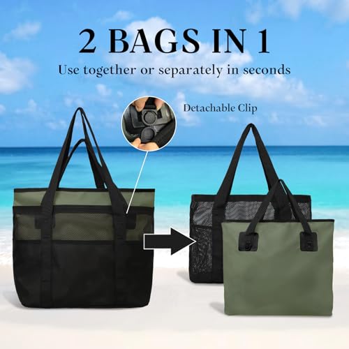 miss fong Mesh Beach Bag - Beach Bags for Women Pool Bag Swim Bag – 2-in-1 Waterproof Beach Tote Bag Wet/Dry Separation
