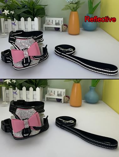 Newtensina 2pcs Bow Ties Bling Cute Dog Harness with Lead for Dog - Pink - S