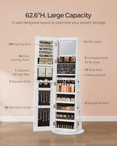 SONGMICS LED Jewelry Cabinet Standing, Lockable Armoire With Full-Length Mirror and Adjustable Lights, Space-Saving Organi...