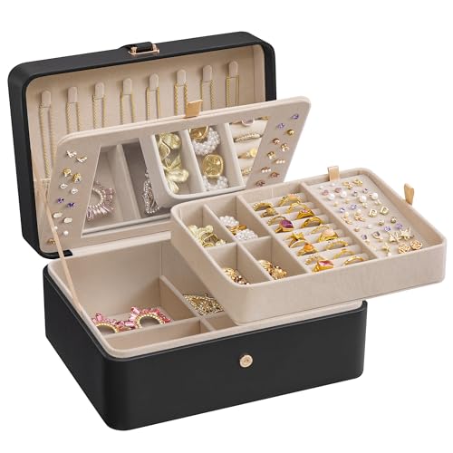 SONGMICS Jewelry Box Organizer with Mirror, 2-Layer Jewelry Holder Case, Removable Tray, 6.9 x 8.7 x 4.3 Inches, Earring N...