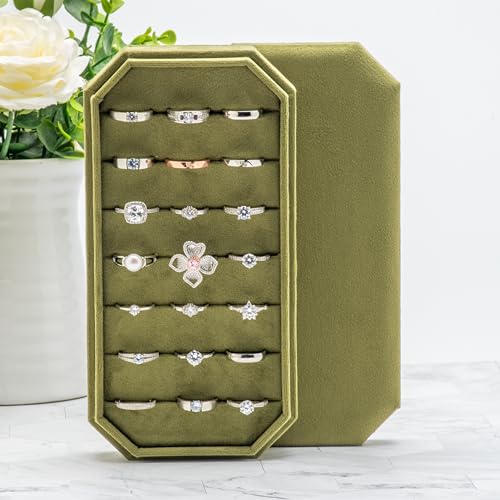 COWFEX Velvet Ring Organizer Display Tray Jewelry Box Earring Holder Case for Wedding Birthday Christmas Day (Olive Green)
