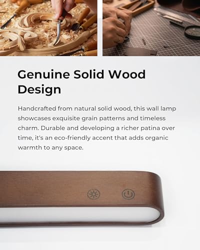 Rechargeable Indoor Wall Sconce Wood, LED Wall Light for Bedroom,Touch and Remote Control,360° Rotate Walnut Wood Wall Lig...