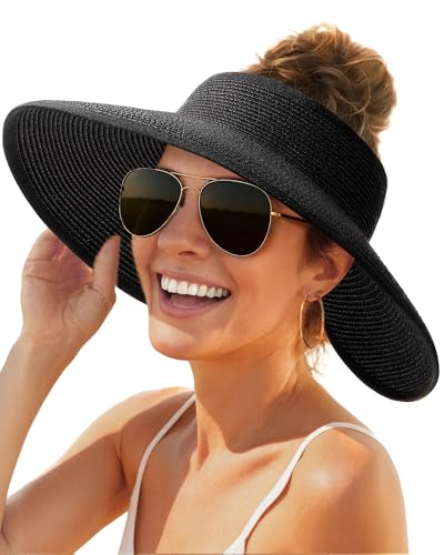 FURTALK Sun Hats for Women Wide Brim Beach Hat Straw Visor Ponytail Summer UV Packable Foldable Beach Vacation Essentials