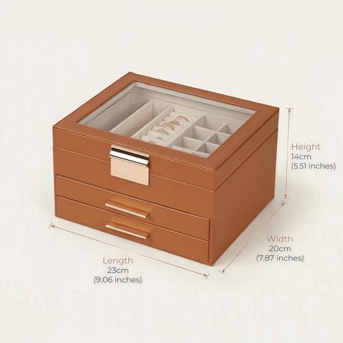 Vandozis Jewelry Box Organizer with Glass Lid, 3-Layer with Double Drawers, Luxury Velvet Lined Desktop Display Case for E...