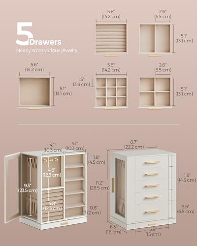SONGMICS Jewelry Box 360° Rotating, Jewelry Storage Case with 5 Drawers, Jewelry Organizer, Glass Window, Spacious, Vertic...