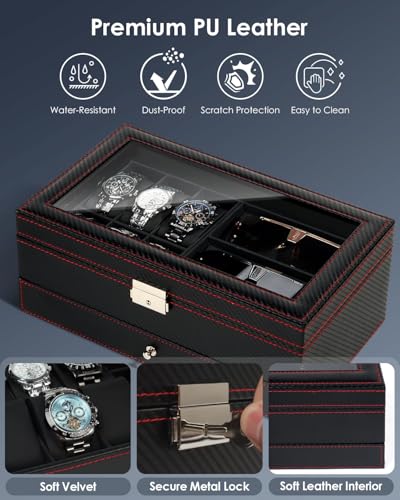 Kukikan Watch Jewelry Box Organizer, 6-Slot 2-Layer Watch Case and Sunglasses Storage with Large Glass Lid, Men's Jewelry ...