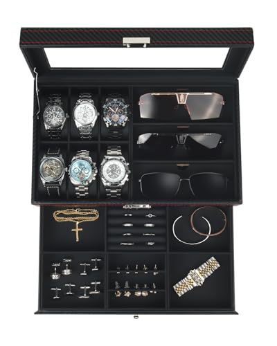 Kukikan Watch Jewelry Box Organizer, 6-Slot 2-Layer Watch Case and Sunglasses Storage with Large Glass Lid, Men's Jewelry ...
