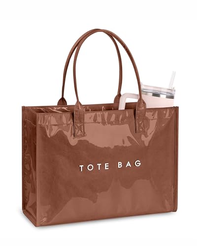 Large PVC Tote Bag for Women, Kraft Paper Handbag Beach Tote with Letter Print, Top Handle Purse for Work Travel Shopping