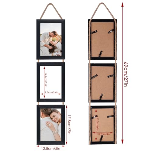 QUTREY 4x6 Picture Frames Collage Black, 3 Openings 4 x 6 Vertical Hanging Photo Frames Display 4 by 6 inch Pictures for W...
