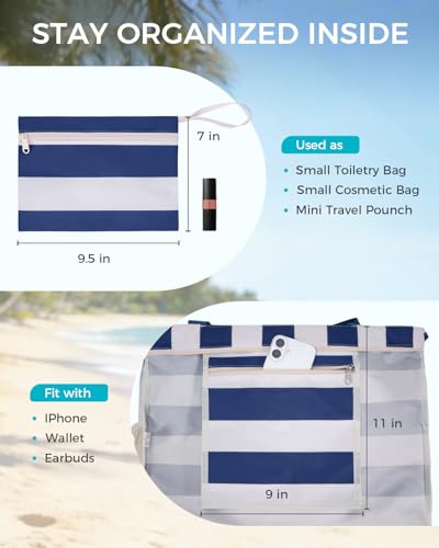 WANDF Beach Bags for Women, Large Waterproof Sandproof Beach Tote Bag with Zipper Family Pool Bags with 40oz Tumbler Pocke...
