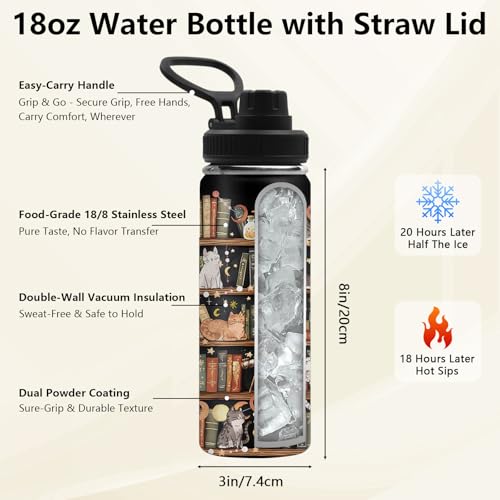 TNASURHUS Booklover Gifts for Women, Library Cat 18oz Water Bottle, Bookish Gifts for Readers Librarian, 18oz Leak-proof T...