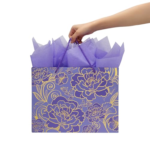 Qirrmiy 13" Large Rose Purple Gift Bag Set with Greeting Card and Tissue Paper for Women or Girls for Celebrating Birthday...