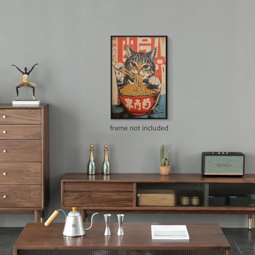 Nanxiwofee Vintage Japanese Cat Canvas Wall Art, Quirky Black Cat Eating Ramen Poster, Retro Funny Animal Food Art Print, ...