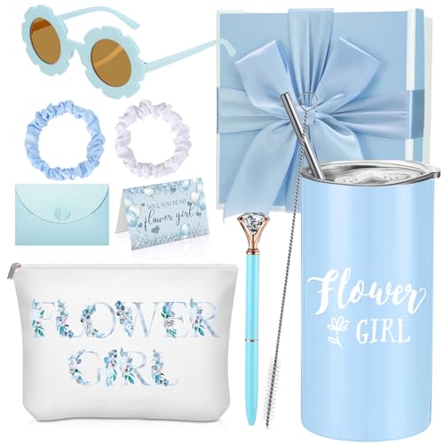 Sieral 9 Pcs Flower Girl Proposal Gifts Set Personalized Flower Girl Tumbler with Straw Bride Gift Box Canvas Bag Sunglass...