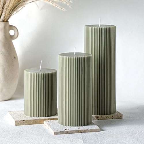 Conelist Ribbed Pillar Candles Set of 3, Width 3" High 4" 6" 8" Large Soy Wax Orchids Scented Pillar Candles Aesthetic Rib...