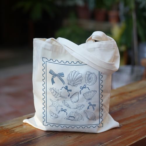 Puuonnnnno Blue Seashells Stamp Canvas Tote Bag for Woman Lady Friends, Canvas Shoulder Bag Reusable Grocery Shopping Bag