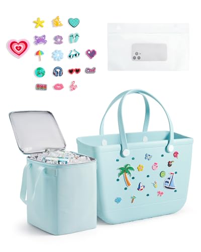 BAGSMART Large Beach Bag for Women with Cooler, Rubber Tote Bag with Charms, Waterproof Vacation Essentials for Swim Pool