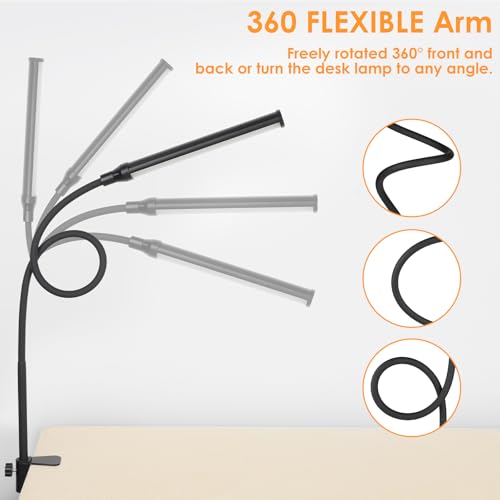 ShineTech LED Desk Lamp with Clamp, Clip On Desk Lamp for Home Office, 3 Color Modes & Stepless Dimming, Flexible Goosenec...