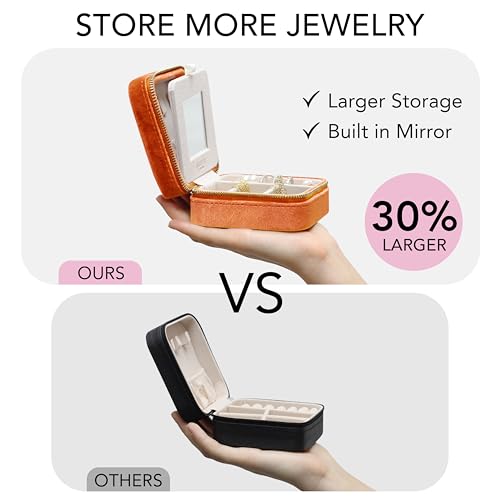 BLUTETE Travel Jewelry Box Organizer Velvet Travel Case With Mirror Rings Earrings Necklaces Storage Organizer Box (Orange)