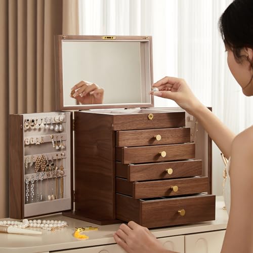 Homruilink Black Walnut Wooden Jewelry Box, Wood Jewelry Organizer with 2 Side Doors Mirror Lockable Classical Style for W...