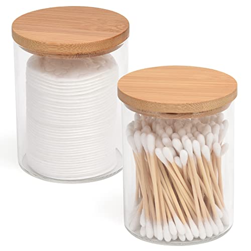 BKYFPQ 2 Pack Glass Qtip Holder Dispenser Set - Apothecary Jars with Lids - Vanity Makeup Organizer and Bathroom Canister ...