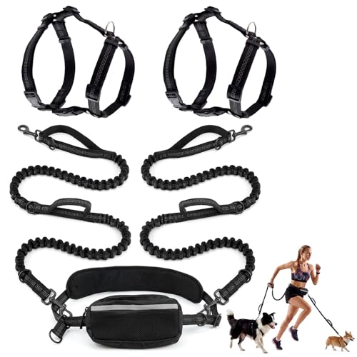 Aliceset Hands Free Double Dog Leash for 2 Dogs, with 2 Adjustable Harnesses + 2 Bungee Leashes + Waist Bag, Dual Handles...