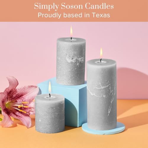 Simply Soson Grey Rustic Texture Pillar Candles 3x3 inch - Set of 3 - Unscented Decorative Grey Candles, No Drip, Ideal fo...