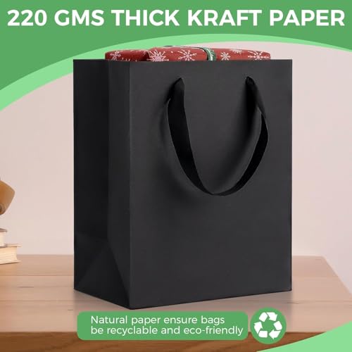 PrimeSign Black Gift Bags With Handles: 8x5x10 Inch 6 Pack Medium Paper Bags Bulk For Party Shopping Wedding Birthday Grad...