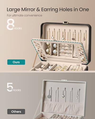 SONGMICS Jewelry Box Organizer with Mirror, 2-Layer Jewelry Holder Case, Removable Tray, 6.9 x 8.7 x 4.3 Inches, Earring N...
