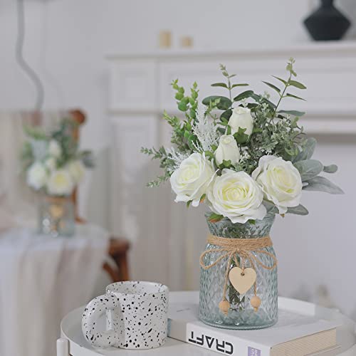 Faux Flowers with Vase,Artificial Silk Roses in Vase, Fake Plant Eucalyptus Flower Arrangement for Home Office Farmhouse B...