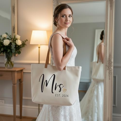 ELEGANTPARK Mrs Gifts for Bride 2026 - Large Canvas Wedding Tote Bag with Zipper, Bridal Shower Gift for Bride to Be, Bach...