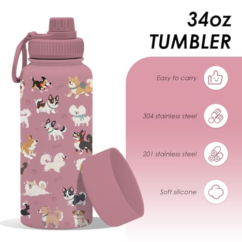 Gift for Dog Lovers - 34oz Dog Water Bottle for Women, Puggy Travel Coffee Tumbler Insulated Stainless Steel Tumbler with ...