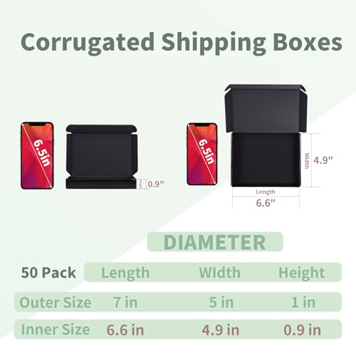 Rempry 7x5x1 Inches Black Shipping Boxes Pack of 50, Cardboard Corrugated Mailer Boxes for Packaging Small Business, Small...