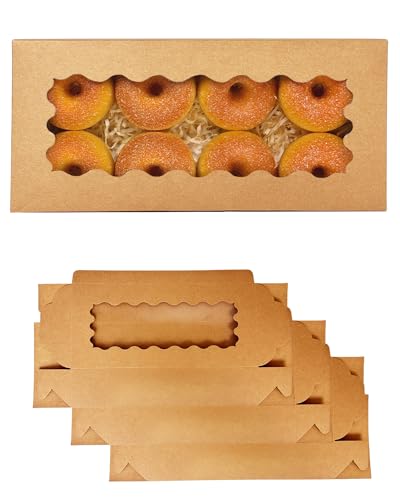 qiqee 50 Packs Brown Cookie Box with Window 12x5.5x2.5 Inch Two Uses Pastry Biscuit Bakery Box For Packaging