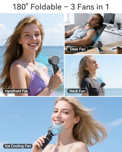 ELORTI Portable Fan, Handheld Fan with Turbo & Ice Cooling, 5-Speed 4000mAh Rechargeable, 3-in-1 Foldable Small Travel Han...