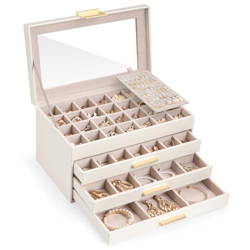 Lolalet Earring Storage Box Case with Glass Top, Large Earring Jewelry Holder Organizer Display with Drawer and Grid, Gift...