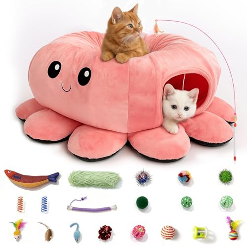VIEFIN Cat Tunnel Bed with 20 Cat Toys, Collapsible Play Tunnel for Indoor Cats, Kitten Toys for Indoor Kittens, Octopus S...