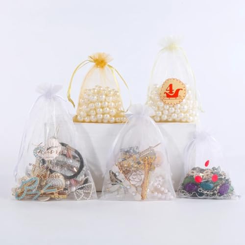 100pcs Organza Bags-White 3.94''x4.72''(10x12cm) Satin Drawstring Organza Pouch Wedding Party Festival, Christmas, Favor G...
