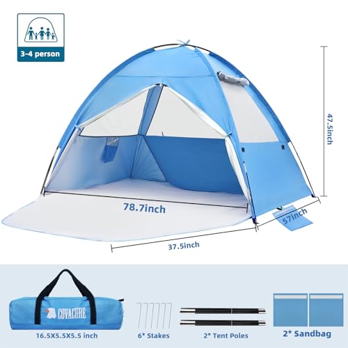 COVACURE 2026 New Upgraded Beach Tent Sun Shelter for 3-4 Person - UPF 50+ UV Protection Beach Shade, Waterproof & Lightwe...