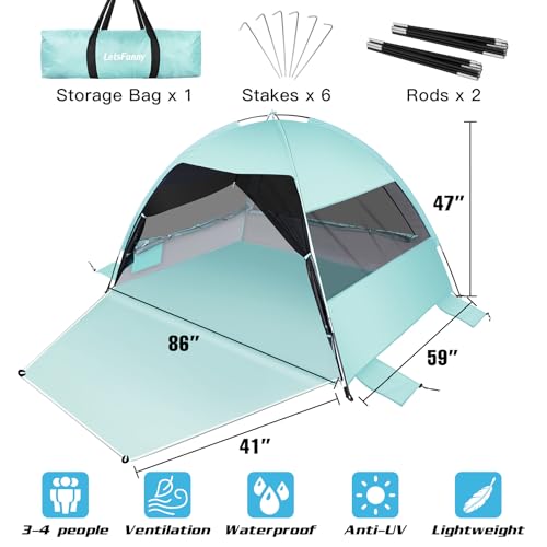 Large Easy Setup Beach Tent,Anti-UV Beach Shade Beach Canopy Tent Sun Shade with Extended Floor & 3 Mesh Roll Up Windows F...