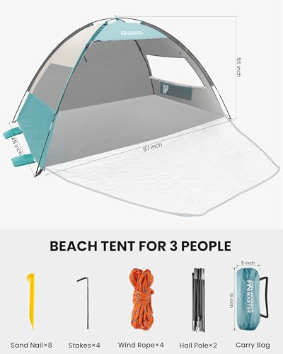 OutdoorMaster Beach Tent Sun Shelter with 2 Ventilated Doors, UPF50+ Easy Setup Beach Tent Canopy for 3 Person, Lightweigh...